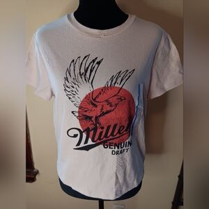 Hybrid Apparel White Short Sleeve Tee with Red Sun & Black Bird Graphic,#L Run S
